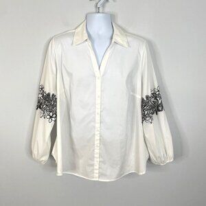 Valerie Stevens Top Womens 2X Plus White Black Puff Sleeve Lace Tunic Crisp